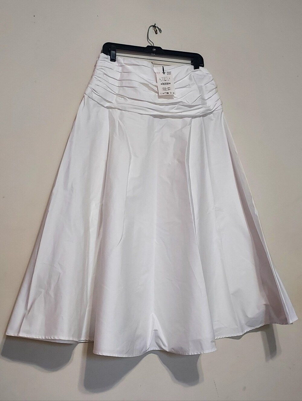 Zara Voluminous White A-Line Long Pleated Cotton Skirt Sz-L